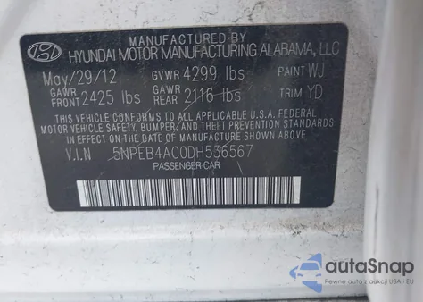 2013 Hyundai Sonata Gls из США, поврежденный, VIN 5NPEB4AC0DH536567